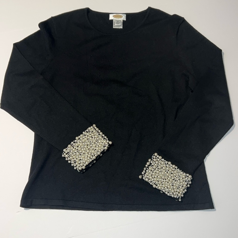 Talbots Cashmere Silk Blend Sweater With Elegant Pearls On Sleeves Size Medium